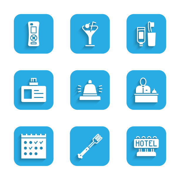 设置酒店服务铃、餐叉、文字招牌、前台、预订日历、标识牌、牙刷牙膏和遥控器图标。向量图片下载