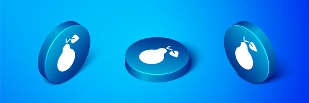 等距梨图标孤立的蓝色背景。果实带叶符号。蓝色圆圈按钮。向量图片下载