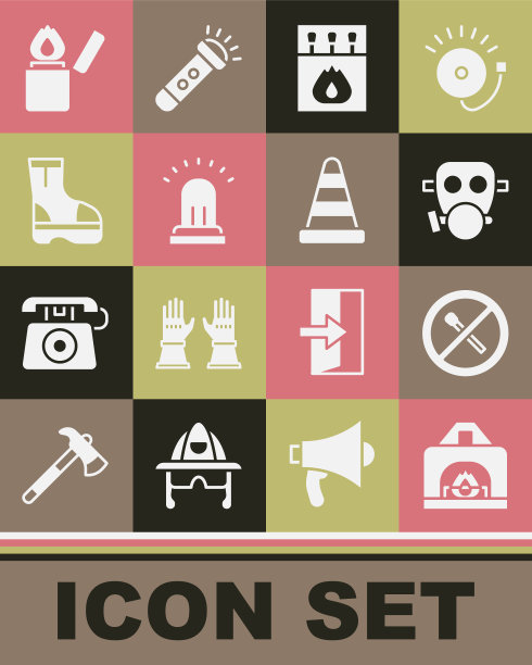 设置室内壁炉，没有火柴，防毒面具，火柴盒和火柴，响警钟，消防靴，打火机和交通锥图标。向量图片下载