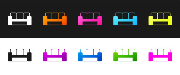 设置沙发图标孤立的黑色和白色的背景。向量图片下载