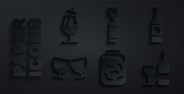 将腌黄瓜放入罐子、啤酒瓶、干邑或白兰地、葡萄酒、开瓶器和鸡尾酒图标中。向量图片下载