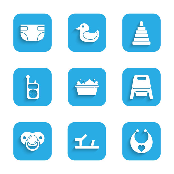 集婴儿浴缸，鞋子，围嘴，便盆，奶嘴，监视器对讲机，金字塔玩具和吸收尿布图标。向量图片下载