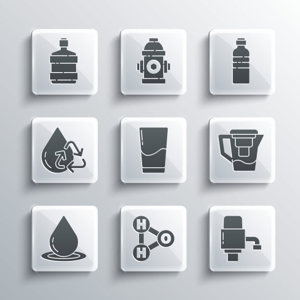 设置H2O的化学配方，机械泵水，带过滤器的水壶，玻璃，水滴，循环清洁水，大瓶和图标瓶。向量图片下载