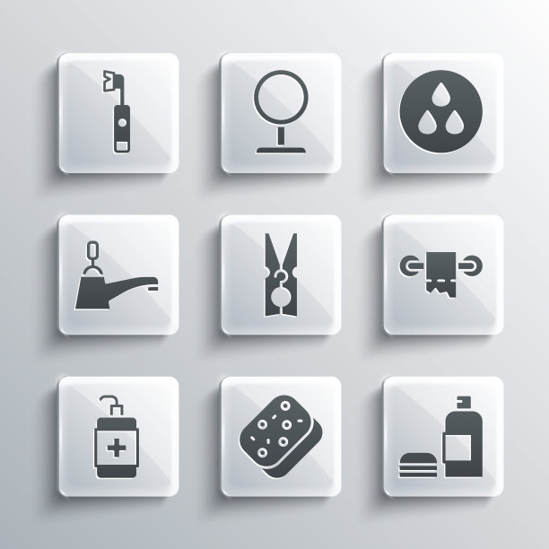 集海绵，洗发水瓶，卫生纸卷，衣服别针，洗手液瓶，水龙头，电动牙刷和下降图标。向量图片下载