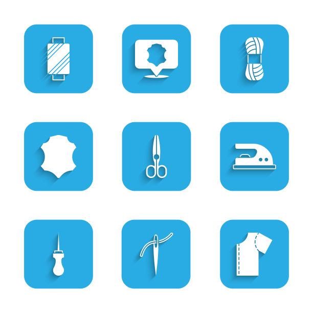 集剪刀，针与线，缝纫图案，电熨斗，锥子工具，皮革，纱线和线轴图标。向量图片下载