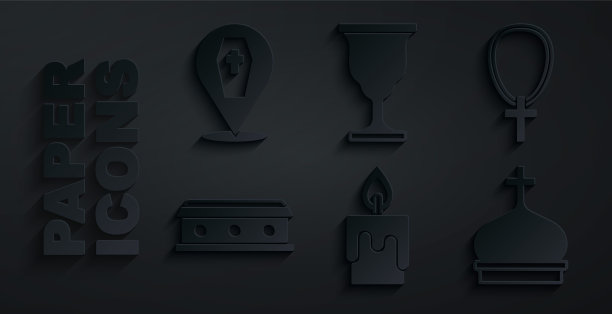 集燃烧的蜡烛，基督教十字架链，棺材，教堂塔，圣杯和图标。向量图片下载