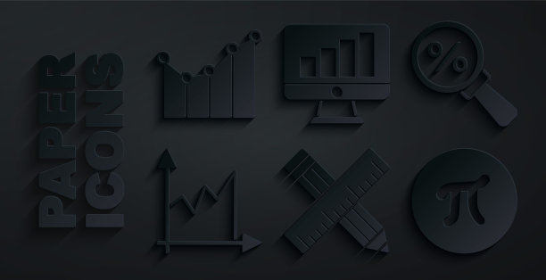 设置十字尺子和铅笔，放大镜与百分比，图表，时间表，图表，图表，圆周率符号，计算机显示器图形和图标。向量图片下载