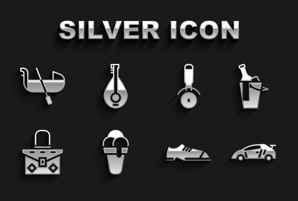 集冰淇淋，瓶酒桶，运动赛车，男鞋，手袋，比萨刀，贡多拉和曼陀林图标。向量图片下载