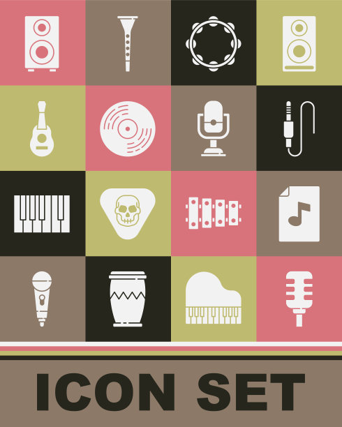 设置麦克风，音乐书与笔记，音频插孔，手鼓，黑胶唱片，吉他，立体声扬声器和图标。向量图片下载