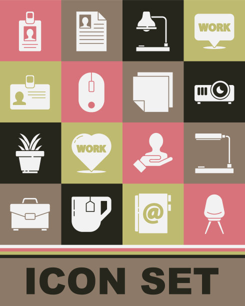 办公椅、台灯、电影、胶片、放映机、电脑鼠标、标识牌、便利贴图标。向量图片下载