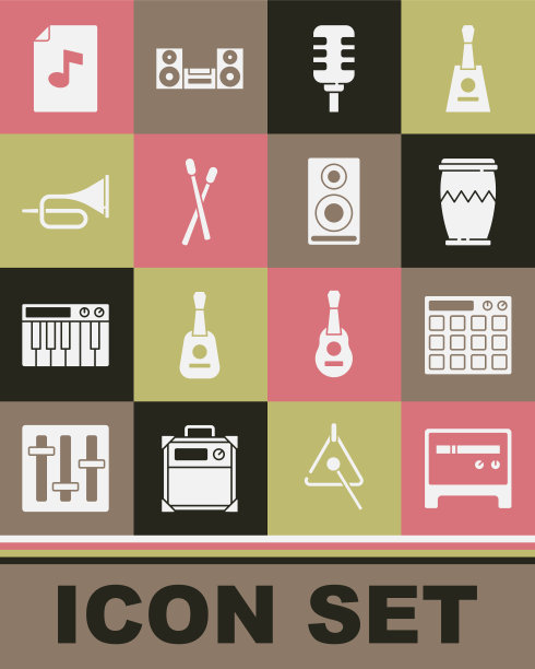 集吉他放大器，鼓机，麦克风，棍棒，小号，音乐书与笔记和立体声扬声器图标。向量图片下载