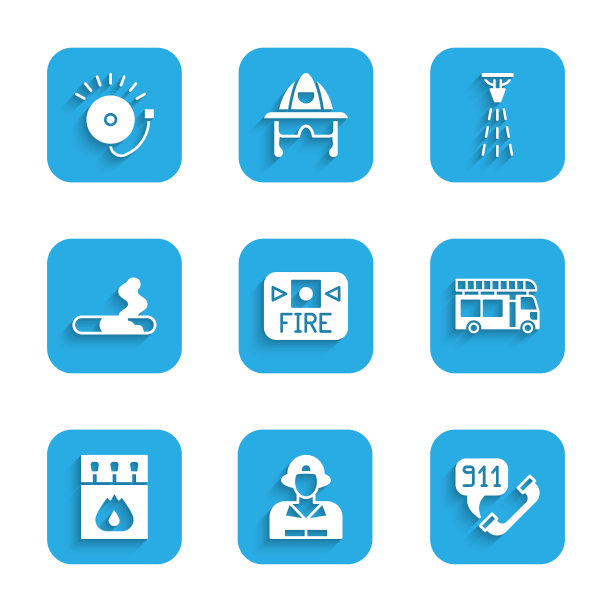 设置火灾报警系统，消防员，拨打911电话，卡车，火柴盒和火柴，香烟，洒水器和铃声图标。向量图片下载