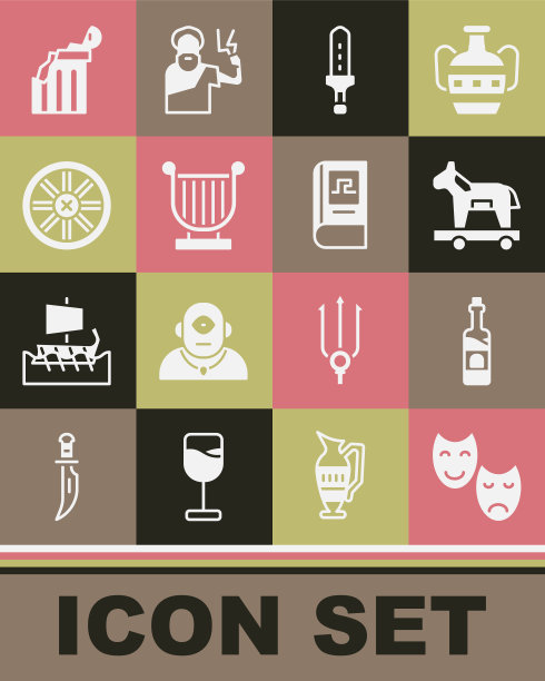 集喜剧和悲剧面具，一瓶酒，特洛伊木马，中世纪的剑，古代里拉，旧木轮，破碎的古代圆柱和希腊历史书的图标。向量图片下载