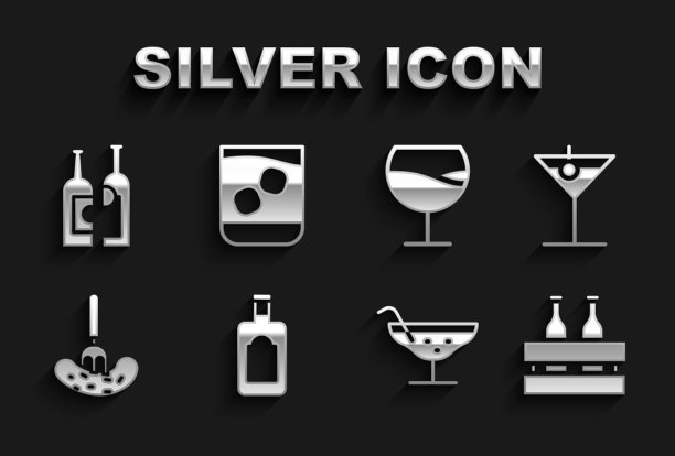 集威士忌酒瓶，马提尼玻璃杯，啤酒瓶，鸡尾酒，腌黄瓜上叉，葡萄酒，瓶子葡萄酒和玻璃威士忌图标。向量图片下载