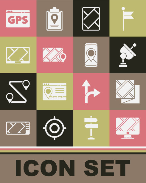 设置监视器与位置标记，折叠地图，雷达，Gps设备，城市导航和图标。向量图片下载