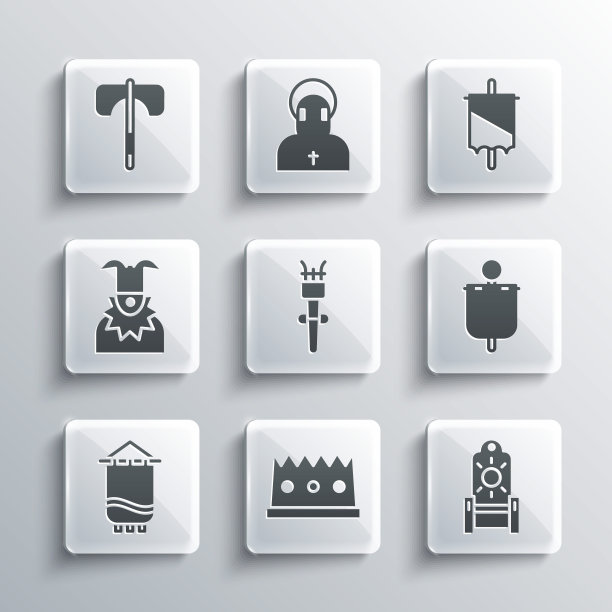 设置国王王冠，中世纪宝座，旗帜，火炬火焰，小丑头，斧头和图标。向量图片下载