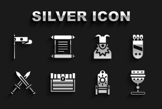 集古董宝箱，箭袋，中世纪高脚杯，宝座，交叉中世纪剑，小丑的头，旗帜和法令，羊皮纸，卷轴图标。向量图片下载