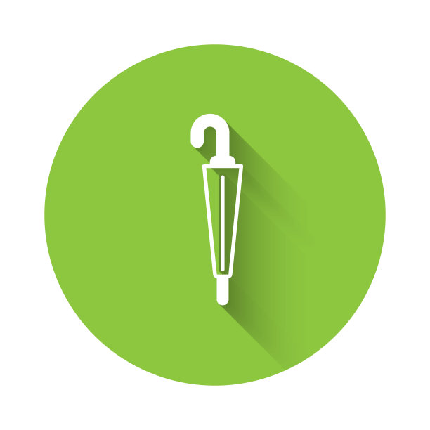 白色经典优雅的伞图标与长阴影背景隔离。防雨标志。绿色圆形按钮。向量图片下载