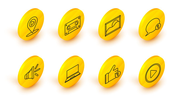 设置线播放圈，手喜欢，笔记本电脑，扬声器音量，语音气泡聊天，图片景观，复古音频磁带和数字媒体播放与位置图标。向量图片下载