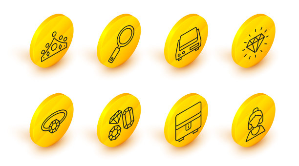 珠宝商店顾问，首饰盒，宝石，钻石订婚戒指，电子秤，放大镜，国王皇冠图标。向量图片下载