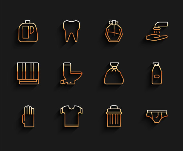 集橡胶手套，t恤，清洗剂瓶，垃圾桶，内衣，马桶，液体抗菌皂和垃圾袋图标。向量图片下载