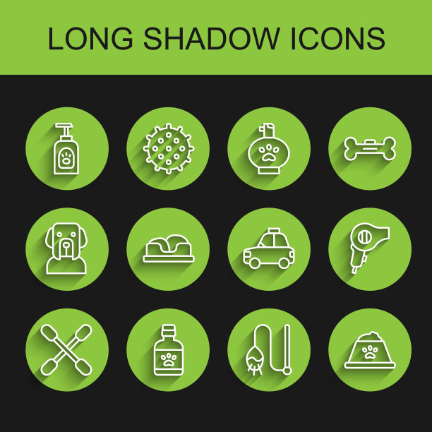 集线棉签耳朵，狗药瓶，宠物洗发水，猫玩具，食物碗，床，吹风机和汽车出租车图标。向量图片下载