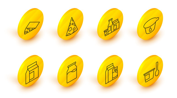 设置生产线酸奶容器与勺子，纸包装的开菲尔，瓶装牛奶，乳制品，奶酪和图标。向量图片下载