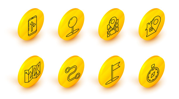 设置线指南针，旗帜，路线位置，折叠地图与标记，地图指针屋，推针和信息图的城市导航图标。向量图片下载