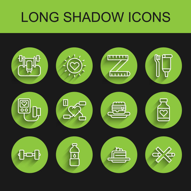 设置线哑铃，瓶装水，长凳与杠铃，蛋糕，禁止吸烟，注意心脏健康，维生素丸和垃圾食品图标。向量图片下载