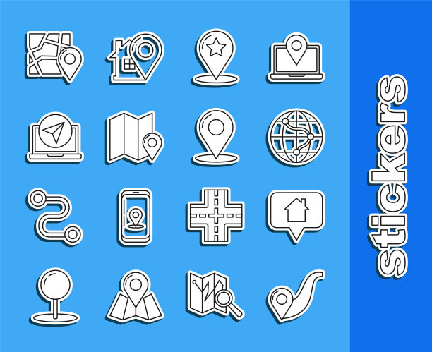 设置线路线位置，地图指针与房子，位置地球仪，星形，折叠地图标记，信息图的城市导航，和针图标。向量图片下载