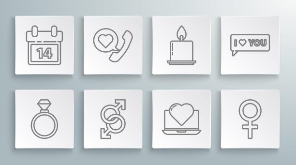 套装线结婚戒指，电话与心脏语音泡沫，男性性别符号，笔记本电脑，女性，燃烧的蜡烛，言语我爱你和日历2月14日的图标。向量图片下载