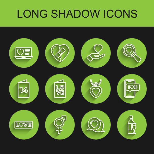 集线爱的文字，性别，约会应用程序在线，心脏演讲泡沫，香槟瓶，情人节派对传单，心脏和项链形状的图标移动。向量图片下载