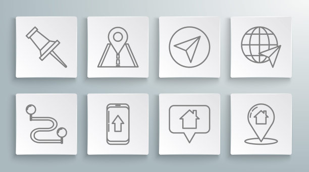 设置线路路线位置，道路交通标志，信息图的城市地图导航，地图指针与房子，纸飞机，定位地球仪和推针图标。向量图片下载