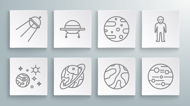 设定线空间和行星，不明飞行物飞行飞船，太空舱降落伞，陨星，行星火星，卫星天线，外星人和图标。向量图片下载