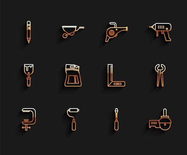 设置线钳和螺丝工具，油漆滚筒刷，铅笔与橡皮擦，螺丝刀，角磨机，水泥袋，钳子，钳子和角尺图标。向量图片下载
