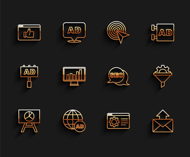 设置线板与图表，广告，客户产品评级，浏览器设置，邮件和电子邮件，监控，销售漏斗齿轮和SEO优化图标。向量图片下载