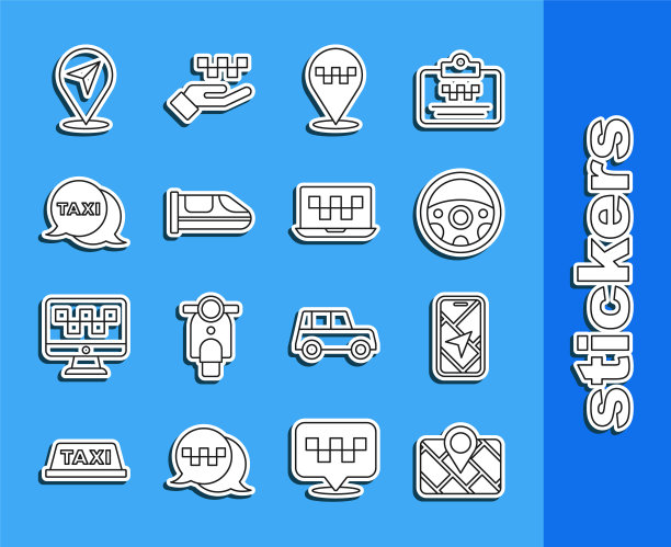 设置线路Gps设备与地图，城市导航，方向盘，位置出租车，高速列车，出租车呼叫电话服务，和笔记本电脑图标。向量图片下载