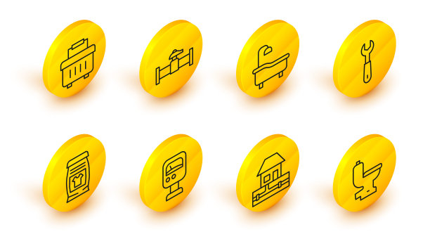 设置线路马桶，供水管道，压力水表，洗衣粉，扳手扳手，浴缸，工业和阀门和工具箱图标。向量图片下载