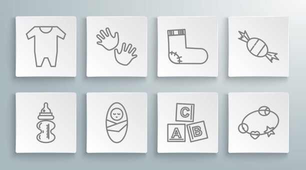 集奶瓶、手印、新生儿、襁褓婴儿、ABC积木、摇铃玩具、袜子、衣服、糖果和图标。向量图片下载