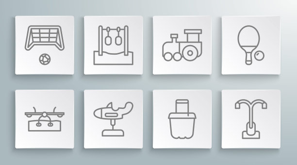 设置线跷跷板，体操环，秋千飞机，沙桶，路灯，玩具火车，球拍球和足球目标与图标。向量图片下载