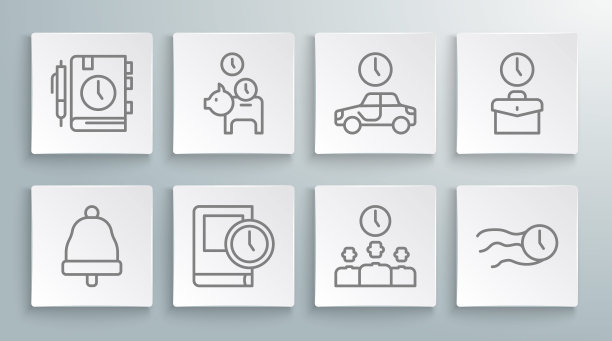 设置线路铃声，存钱罐硬币，时间为书，管理，飞行时钟，旅行，工作时间和记事本图标。向量图片下载
