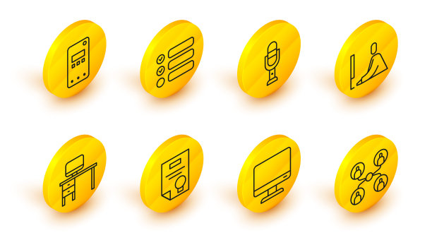 设置线在线课堂、计算机显示器屏幕、证书模板、桌面、学生工作笔记本电脑、麦克风、任务列表和手机图标。向量图片下载