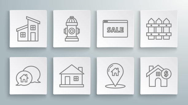 设线房屋建筑在语音泡，消防栓，地图指针与房子，美元符号，挂标志文字在线销售，花园围栏木制和图标。向量图片下载