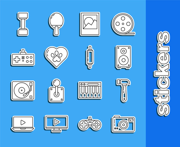 集线相机，锤子，立体声扬声器，框架，心脏与动物足迹，手柄，哑铃和擀面杖图标。向量图片下载