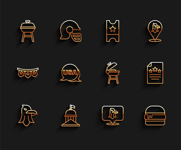 设线鹰，白宫，烧烤架，汉堡，美国独立日，独立宣言和图标。向量图片下载