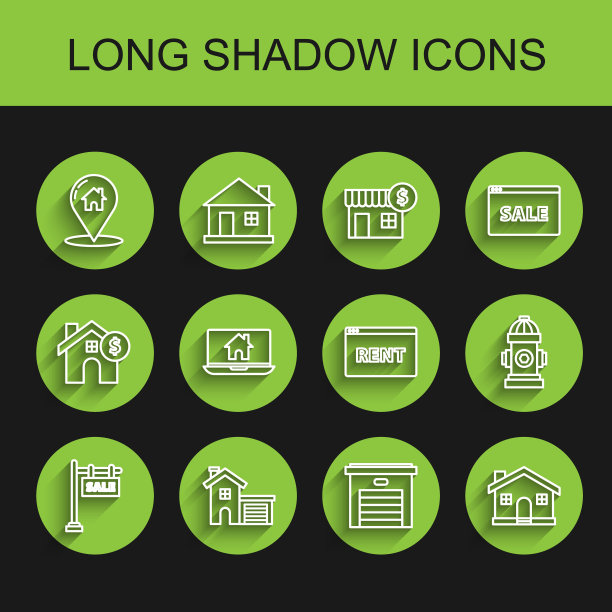 设置线悬挂标志，文字销售，房子，地图指针房子，车库，笔记本电脑和智能家居，消防栓和在线租赁图标。向量图片下载