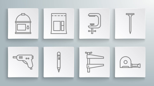 集线电热熔胶枪，水泥袋，铅笔与橡皮擦，夹具工具，轮盘赌建设，和螺丝，金属钉和油漆桶图标。向量图片下载