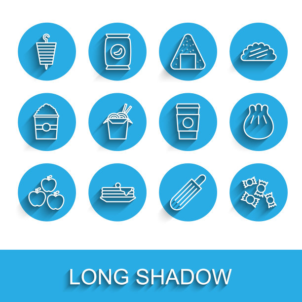 设苹果，煎饼，烤羊肉串，法式热狗，糖果，亚洲面条，筷子，切菜板上的Khinkali和咖啡杯去图标。向量图片下载