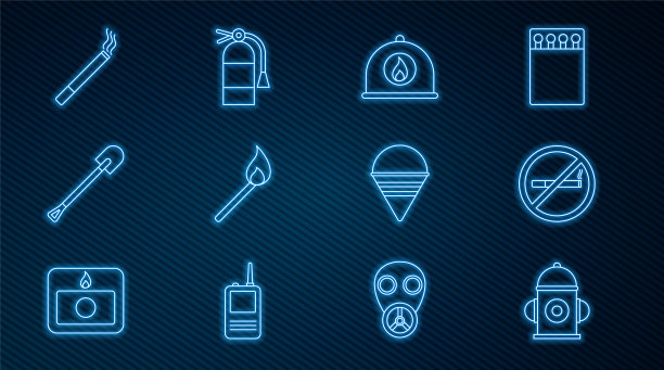 设置线路消防栓，禁止吸烟，消防员头盔，带火火柴，铲子，香烟，锥形桶和灭火器图标。向量图片下载