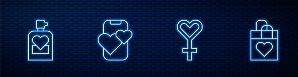 设线女性性别符号，香水，约会软件在线手机和购物袋与心。砖墙上发光的霓虹灯图标。向量图片下载